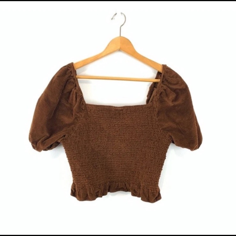 American Eagle Outfitters Corduroy Smocked Crop Top Size Large Brown Babydoll